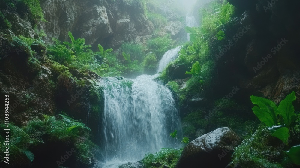 Lush Greenery Frames a Misty Waterfall in a Rocky Gorge Lush Greenery Frames a Misty Waterfall in a Rocky Gorge