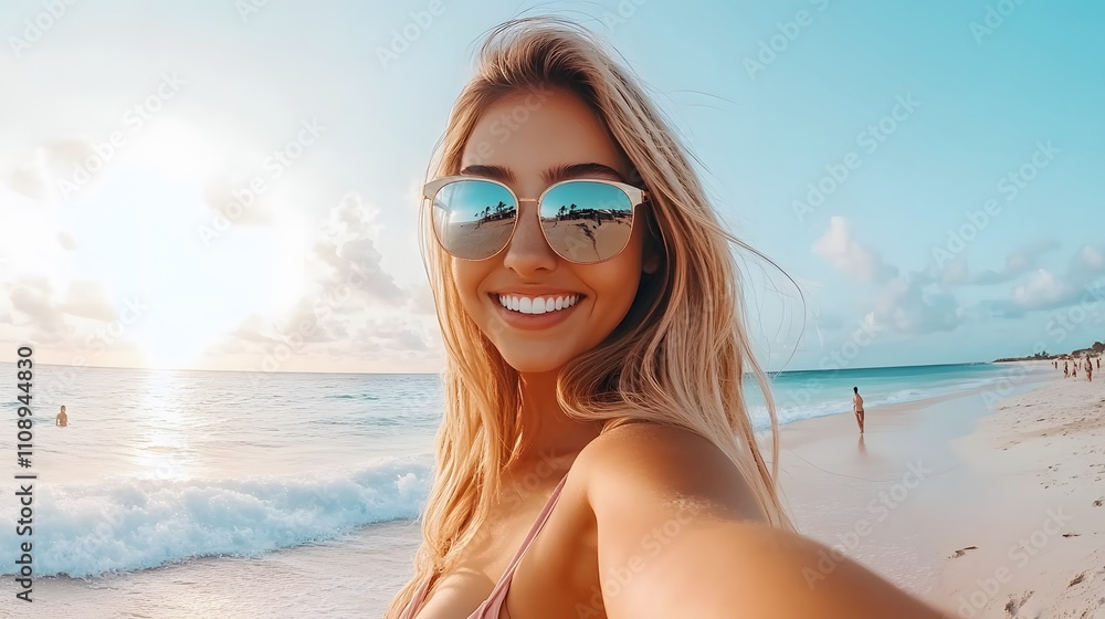 Beautiful girl smiles brightly and takes a selfie on the beach as the sun sets. This is perfect for a travel or skincare product ad. It gives off a bright, warm, and positive vibe of a beach vacation. Beautiful girl smiles brightly and takes a selfie on the beach as the sun sets. This is perfect for a travel or skincare product ad. It gives off a bright, warm, and positive vibe of a beach vacation.