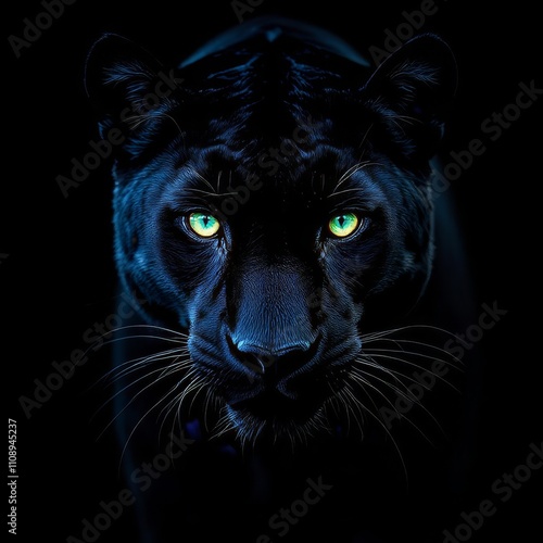 Wild panther, front view, black background, sharp focus.