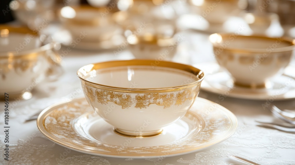 Fototapeta premium Elegant Vintage Table Setting with Fine China and Gold Accents