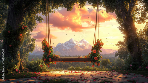 Romantic swing set high on a mountain ridge overlooking a sparkling lake