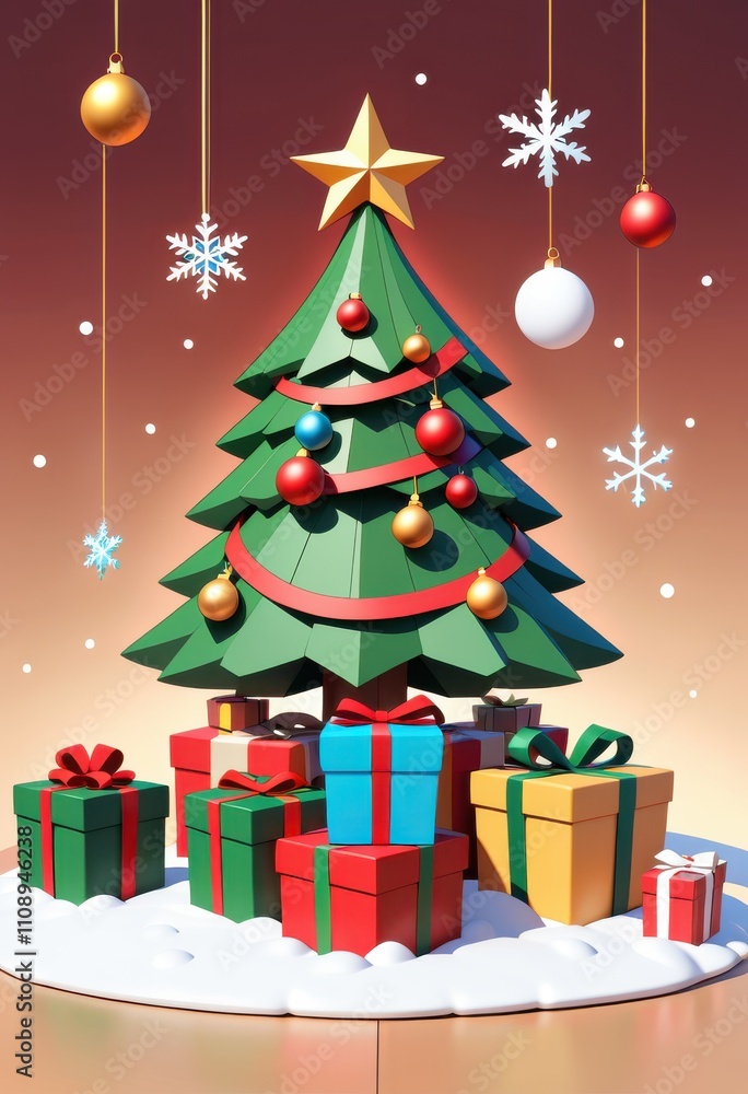 Fototapeta premium Modern Christmas tree with red and white ornaments, festive gift boxes, snowflake decorations on red background, holiday celebration scene, Ai Generation