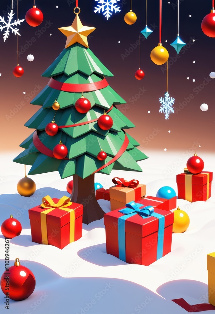 Fototapeta premium Modern Christmas tree with red and white ornaments, festive gift boxes, snowflake decorations on red background, holiday celebration scene, Ai Generation