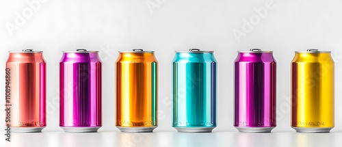 Colorful aluminum cans standing in a row on white background
