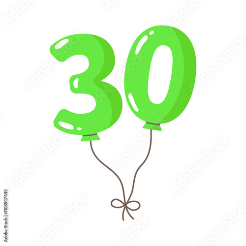 Balloon shaped as numbers 30 with string.Birthday party flat decoration,celebration thirty festive symbol,numeric anniversary holiday design.Isolated.Vector illustration.