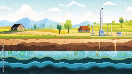 Illustration of Groundwater Pumping Process with Landscape and Equipment