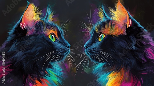 Fluffy black cats with vibrant, colorful fur gazing toward the center, creating a captivating and playful visual