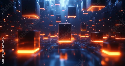Smart Home Devices. Futuristic glowing orange digital blocks floating in dark space, technology concept for backgrounds, presentations, websites, innovation, cyber security, and virtual reality theme