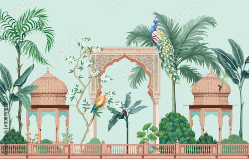 Traditional Mughal peacock Garden. Mughal architecture illustration wallpaper.  Botanical landscap illustration