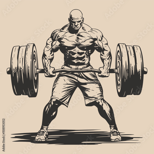 Vintage retro engraving woodcut style sketch draw paint of gym fit sport powerlifter bodubuilder man with barbell