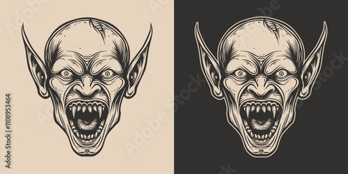 Vintage retro engraving woodcut style sketch draw paint of vampire scary halloween cartoon head front view