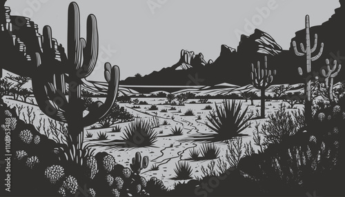 Vintage retro gravure engraving american mexican desert western style with mountains, fields, trees and  cactus. Adventure travel outdoor nature landscape illustration