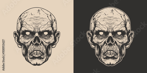 Vintage retro engraving woodcut style sketch draw paint of halloween scary spooky zombie head concept