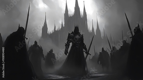 Silhouetted Army of Knights Approaching a Gothic Cathedral