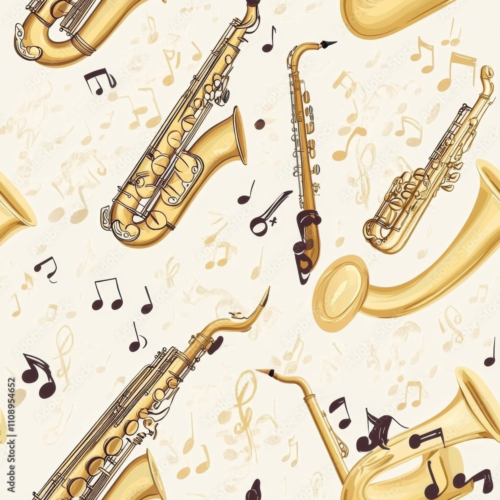 Naklejka premium Golden Saxophone Music Pattern