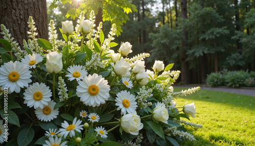 White daisies and roses in a forest clearing under soft sunlight