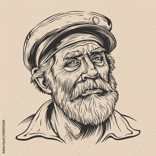Vintage retro engraving woodcut style sketch draw paint of old sailor captain head comics character view