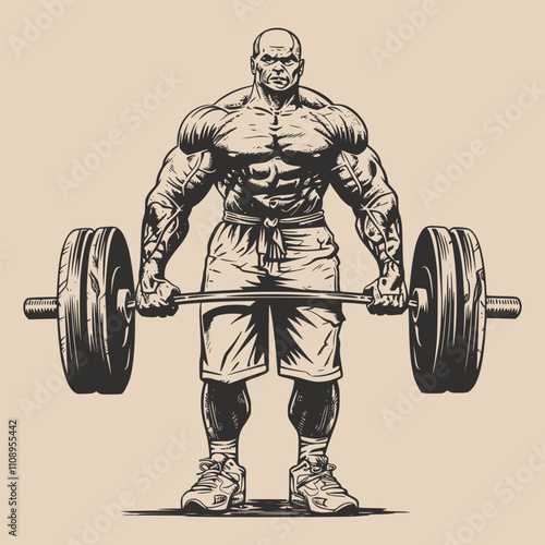 Vintage retro engraving woodcut style sketch draw paint of gym fit sport powerlifter bodubuilder man with barbell