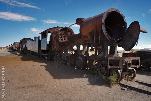 Silent Locomotives in a Vast Salt Desert - Uyuni Salt Flat, Bolivia photo