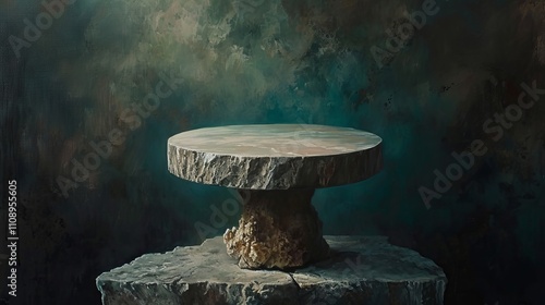 Stone pedestal with a round marble top against a dark teal background. Elegant and mysterious.