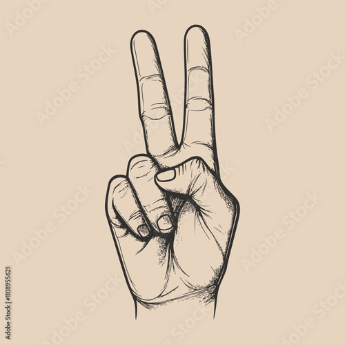 Vintage retro engraving woodcut style sketch draw paint of hand arm palm with 2 fingers up illustration