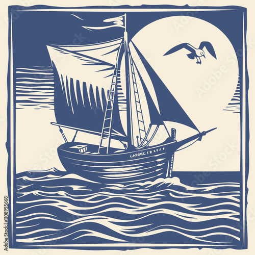 Fishing schooner in the ocean, vector