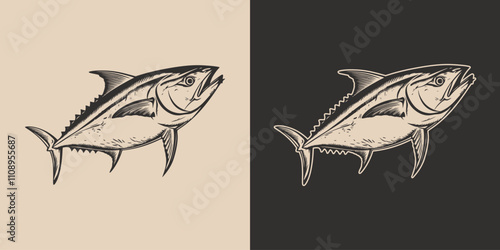 Vintage retro engraving woodcut style sketch draw paint of tuna fish. Monochrome style