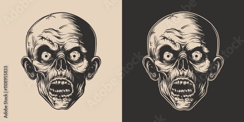 Vintage retro engraving woodcut style sketch draw paint of halloween scary spooky zombie head concept