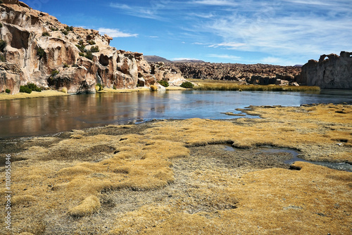 Majestic Rock Formations by a Serene Lagoon - Villamar Mallcu, Colcha K, Uyuni, Bolivia