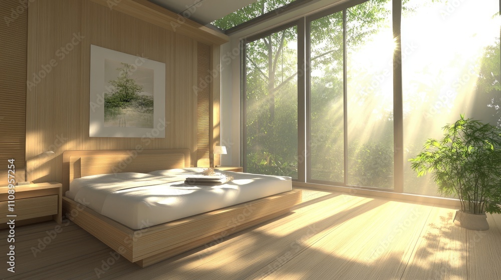 Fototapeta premium Serene Modern Bedroom with Natural Light and Greenery Outside