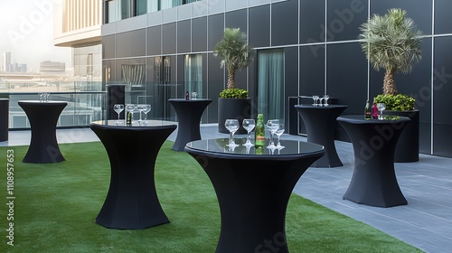 Outdoor Rooftop Lounge Area with Black Cocktail Tables and Green Grass
