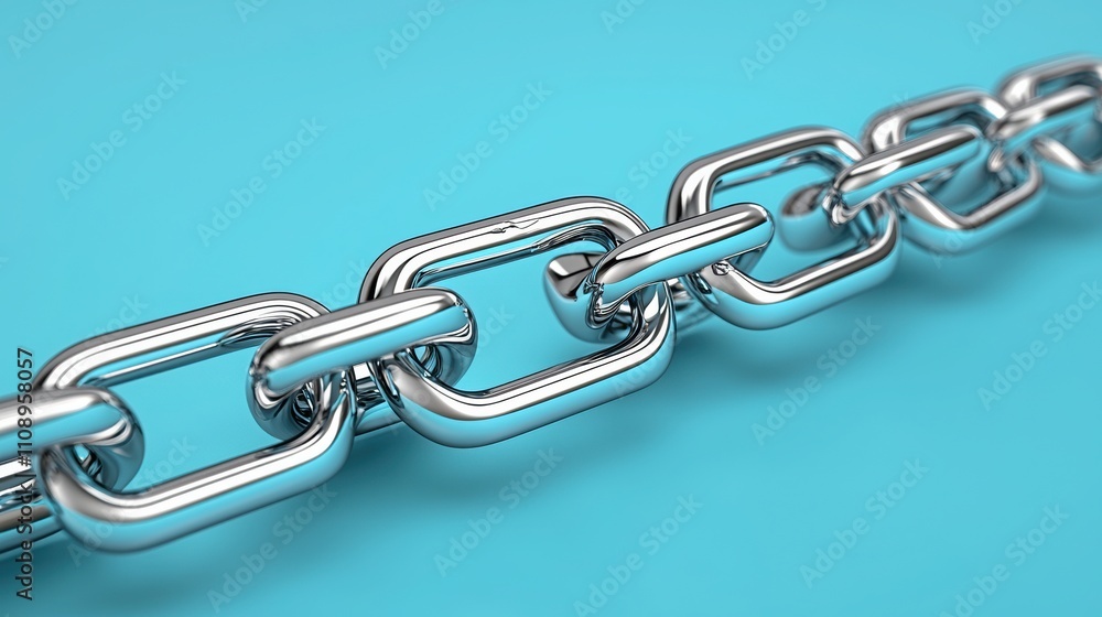 Fototapeta premium Close-up of a shiny metal chain links over a blue background, symbolizing strength, connection, and security.