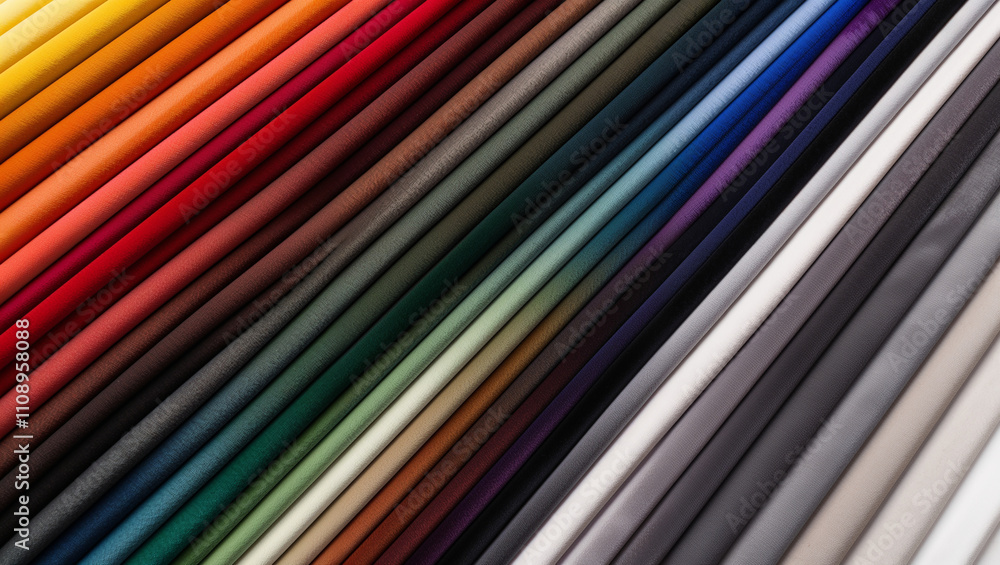 A vibrant array of colorful fabric rolls placed diagonally. A vibrant array of colorful fabric rolls placed diagonally.