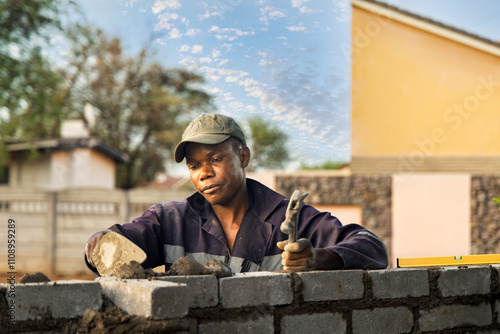african bricklayer with a trowel , spirit level and a hammer building a surrounding bricks wall, late afternoon dawn