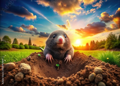 Double Exposure Cartoon Mole Emerging From Hole - Surreal Nature Photography photo