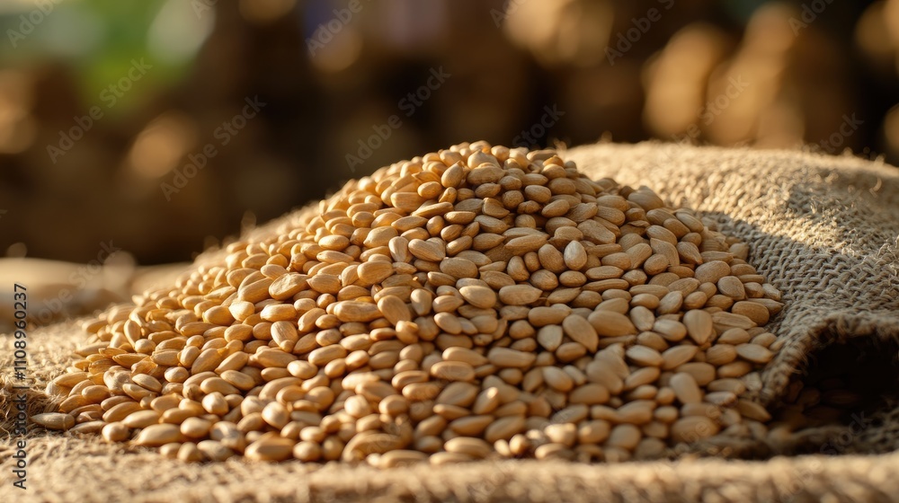 Obraz premium Pile of Raw Sesame Seeds on a Jute Fabric in Natural Lighting