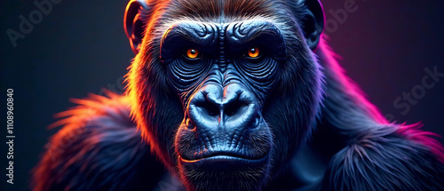 A vibrant and striking digital illustration of a gorilla's face with colorful highlights against a dark background photo