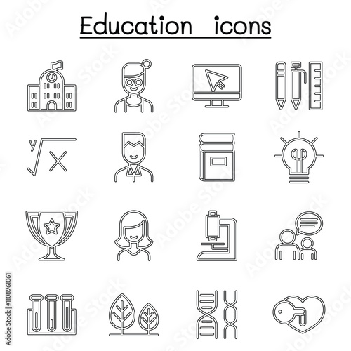 School & Education icon set in thin line style