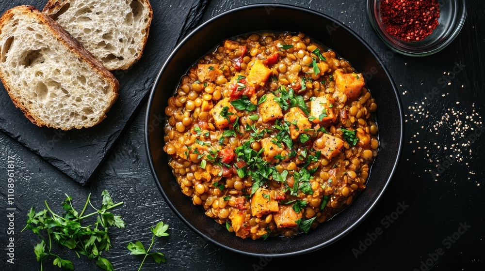 A vibrant bowl of lentil stew garnished with fresh herbs, served with rustic bread and a side of chili flakes. A vibrant bowl of lentil stew garnished with fresh herbs, served with rustic bread and a side of chili flakes.