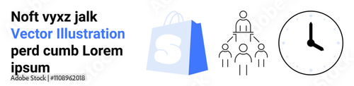 Icons of a shopping bag, a hierarchical team structure, and a clock. Ideal for e-commerce, business meetings, time management, teamwork, productivity. Landing page