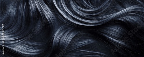 Closeup black hair texture, wavy curls background showing healthy, shiny strands