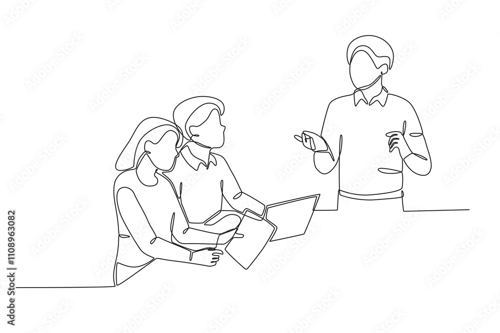 Single continuous line drawing of Three employees are discussing work. Dynamic single line draw design graphic vector illustration.
Single continuous line drawing of Three employees are discussing work. Dynamic single line draw design graphic vector illustration.