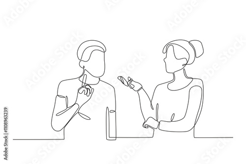 Single continuous line drawing of Two employees are talking and discussing. Dynamic single line draw design graphic vector illustration.
