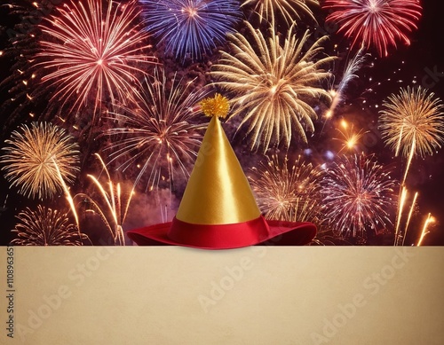 A festive scene featuring a gold and red party hat with vibrant fireworks in the background. photo