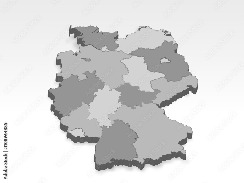 Obraz premium 3D Federal Republic of Germany map with all states in gray. Three dimensional map of German lands with shadow. Flag of Germany on white background for your design, app, UI. EPS10. 
