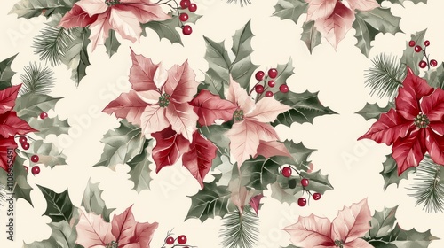 Festive Hand-Painted Christmas Floral Seamless Pattern on Cream Background