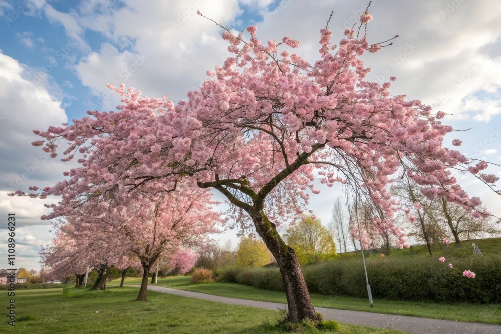 A picturesque park pathway lined with delicate, blooming cherry trees under a partly cloudy sky A picturesque park pathway lined with delicate, blooming cherry trees under a partly cloudy sky
