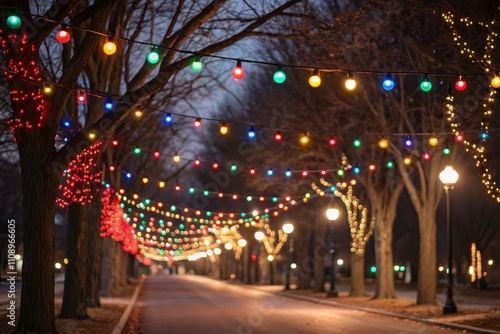Wallpaper Mural Twinkling lights strung along tree branches illuminate a quiet street at night Torontodigital.ca