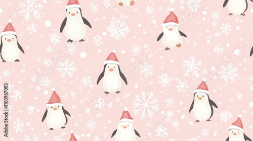 Whimsical Seamless Pattern of Cute Penguins and Polar Bears in Christmas Hats on Pastel Winter Scene | Ultra-Detailed Artwork with Snowflakes