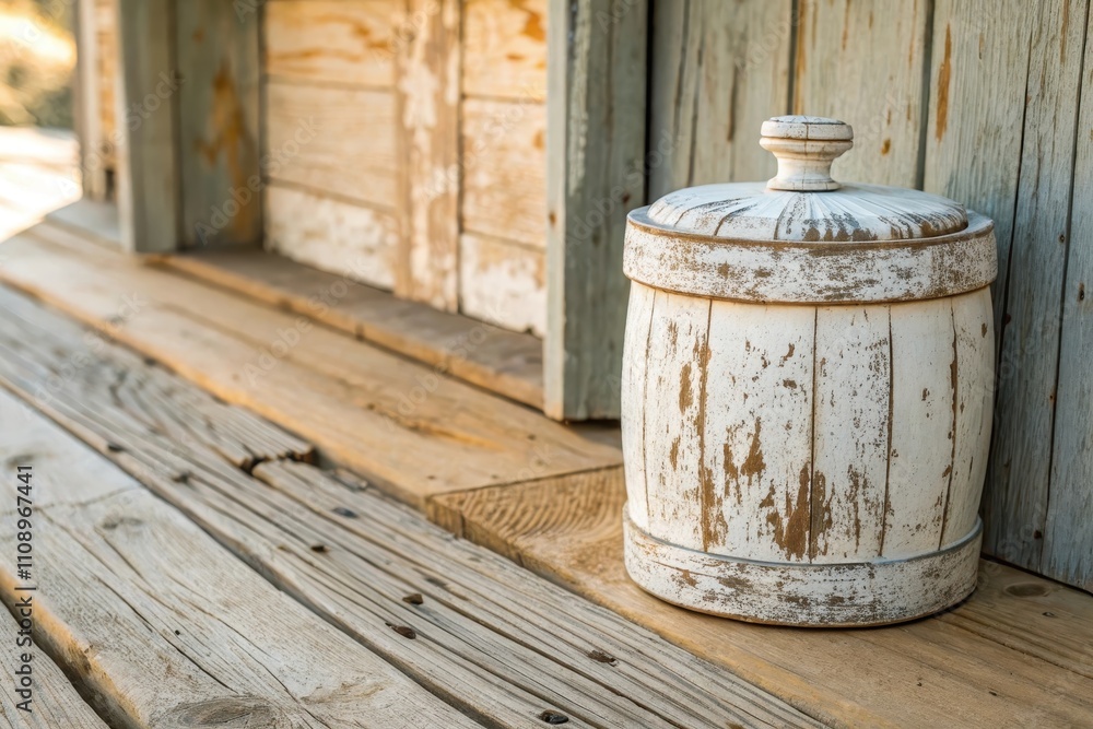 Naklejka premium A weathered white barrel-shaped container sits on rustic wooden planks against a backdrop of aged wood siding